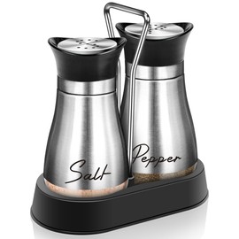 Salt and Pepper Shakers Set with Holder,4 oz Stainless Steel Salt Shaker with Glass Bottom Kitchen Gadgets for Counter Modern Decor Table,RV,Camp,BBQ Refillable Design (Silver)
