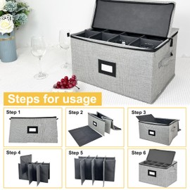 homyfort Wine Glass Storage Boxes with Dividers,China Storage Containers Stemware Chest Boxes Holds 12 Wine Glass or Crystal Glassware with Label Window and Handles,Hard Shell and Stackable (Grey)