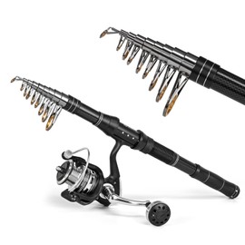 Carbon Fibre Fishing Rod Set, Telescopic Fishing Rod and Spool Combo Kit with Fishing Line Fishing Lure Set with Carry Bag for Saltwater or Freshwater Fishing (2.4 m)