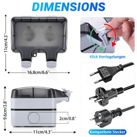 Sprifityy Outdoor Socket IP66 Weatherproof, Garden Socket Surface-Mounted Protective Contact, Outdoor Socket 2-Way with Hinged Lid, Dustproof Socket, for Wet Room, Garden, Outdoor, Garage