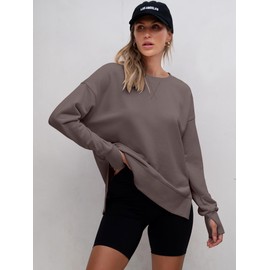 ANRABESS Sweatshirts for Women 2025 Fall Long Sleeve Shirts Oversized Crewneck Lightweight Side Split Casual Pullover Tops Camel Large