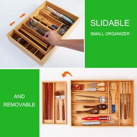 COIWAI Double Layer Bamboo Kitchen Drawer Organizer Cutlery Utensil Silverware Drawer Organizer, Silverware Tray for Drawer Removable Utensil Holder Flatware Organizer Multi-use Storage Box (L)