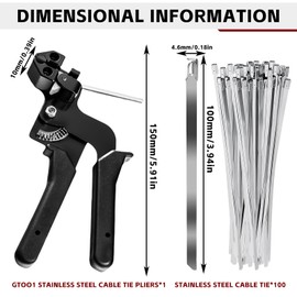 BYZESTY Cable Tie Tool, Pack of 100 Stainless Steel Cable Ties with Cable Tie Gun, Cable Tie Pliers for Locking and Cutting, 200 mm x 4.6 mm