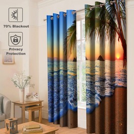 Jekeno Tropical Beachy Blackout Curtains Ocean Sunset Seaside Palm Tree Dusk Nature Scenery Print Drapes Decor Home Bedroom Living Room Darkening Grommet Window Treatments 2 Panel Set,52x84 Inch