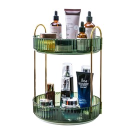 TninVing 360 Rotating Makeup Organizer,2 Tier Large Capacity Skincare Organizer, Bathroom Countertop Storage Organizer, Perfume Organizer (2-Green)