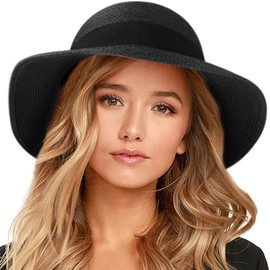 FURTALK Women's Sun Hat UV Protection Beach Hat Foldable Summer Hat UPF 50+ Straw Hat with Wide Brim, black