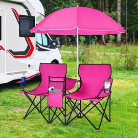 Tangkula Double Camping Chairs with Umbrella, Portable 2 Seat Folding Camp Chair with Cooler Bag, Beverage Holder, Carrying Bag, Foldable Lawn Chair for Outside, Fishing, Picnic,Beach (Pink)