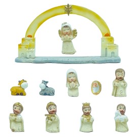 Gesar Christmas Nativity Scene with Ceramic Hut - Set of 11 Ceramic Nativity Scene 4.5 cm - Birth Figures - Modern and Elegant Nativity Scene - (White)