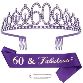 Vovii 60th Birthday Sash and Tiara, Purple Tiara, 60th Birthday Gifts for Women, 60th Birthday Decorations for Women, Happy 60th Birthday Decorations
