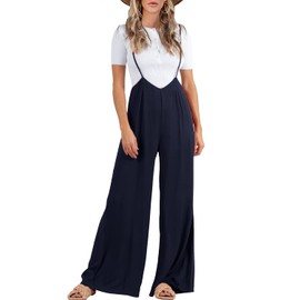 FSHAOES - Overol con tirantes para mujer, cintura alta, holgado, sin mangas, pierna ancha, tirantes delgados, largo, Azul marino, XL