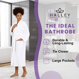 HALLEY Luxury Bathrobe for Women & Men, Shawl Collar Spa Bath Robes Terry Cotton Ultra Soft Shower Robe with Pockets - White