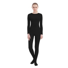 SUPRNOWA Women's Jumpsuit Bodycon Crew Neck Footed Unitard Long Sleeve Bodysuit with Zipper Comfortable Spandex One-Piece Dance Costume (M, Black Footed)