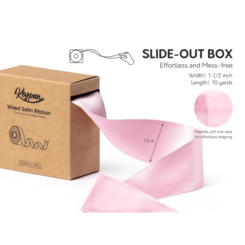 Keypan Pink Satin Wired Ribbon 1-1/2 inch Christmas Ribbons for