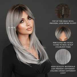 7JHH WIGS Grey Ombre Layered Wig with Curtain Bangs Long Straight Pixie Cut Natural Looking Heat Resistant Synthetic Hair Fiber Wigs for Women Daily Used