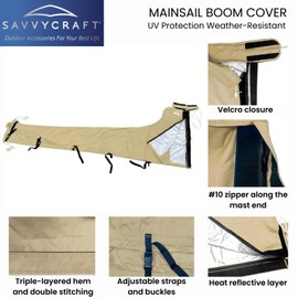 SavvyCraft Waterproof Mainsail Boom Cover, Heavy Duty 600D Sailboat Mainsail Cover UV Protection Weather-Resistant, Boom Length 9'-10' Beige