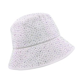Women Bling Bucket Hat Studded Sparkle Shiny Crystal Bucket Sun Hat Packable Summer Outdoor Cap for Girls Teens Travel White