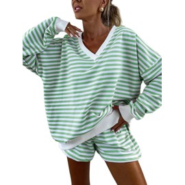 Melliflo - Conjunto de 2 piezas para mujer, conjunto de sudadera con cuello en V y pantalones cortos, conjunto de sudadera de otoño, Conjuntos cortos verde claro, S