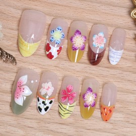 30pcs Tropical Flower Press On Nails Medium Almond Fake Nails with 3D Crystal Flowers Designs Shiny Colorful Floral Pattern Printed French Nails Press ons Cute Stick on Nails Summer Flower Nails