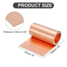 uxcell Pure Copper Sheet Roll, 0.5mm 24Ga Thick T2 Copper Flashing 1530mm x 153mm/5Ft x 6in Copper Strip Soft Copper Metal Foil Plate for Craft Electrical House Repair