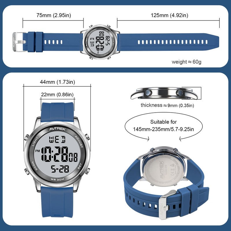 AVTREK Ultra-Thin Digital Watch Waterproof,and 5 Alarms/LED Backlight,Men's