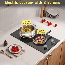 2 Burner Electric cooktop, 12 Inch Electric Stove Plug in stove top 120V 2000W Knob Control with Timer, 9 Heating Level, Overheat Protection, High-Temp Alarm, Built-in or Countertop, Pladeca