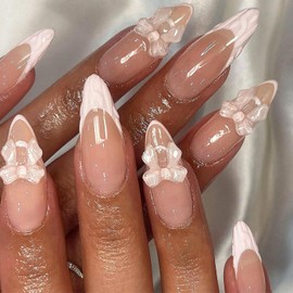 24 Pcs French Tip Press on Nails Long Almond Fake Nails with Charms Design Bow False Nails Full Cover Glue on Nails Pink French Tip Acrylic Press on Nails for Women Nail Art Decoration