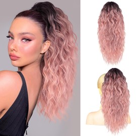 RONTAYA Ponytail Extension, Claw Clip Ponytail Extensions for Women Multi Layered Fluffy Thick Wavy Jaw Clip in Fake Pony Tails Fake Hair Soft Synthetic Hairpiece Ombre Black to Pink