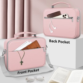 FINPAC Large Bible Cover w/Shoulder Strap, Carrying Book Case Church Bag Bible Protective w/Pen Slots and Zippered Pocket, Gift for Women Lady, Light Pink