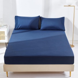 YIYEA Fitted Sheet with Pillowcases, Premium Double Brushed Microfiber Fitted Bottom Sheet, 16" Deep Pocket, Ultra Soft, Shrinkage, Fade Resistant, King Size, Navy Blue