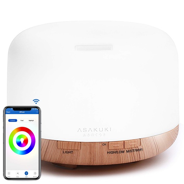 Essential Oil Diffuser ASAKUKI WiFi Smart Humidifier Compatible with Alexa, 500ml Wood Grain Ultrasonic Aromatherapy Diffuser for Home Office Babyroom, Adjustable Cool Mist and Waterless Auto Shut-Off