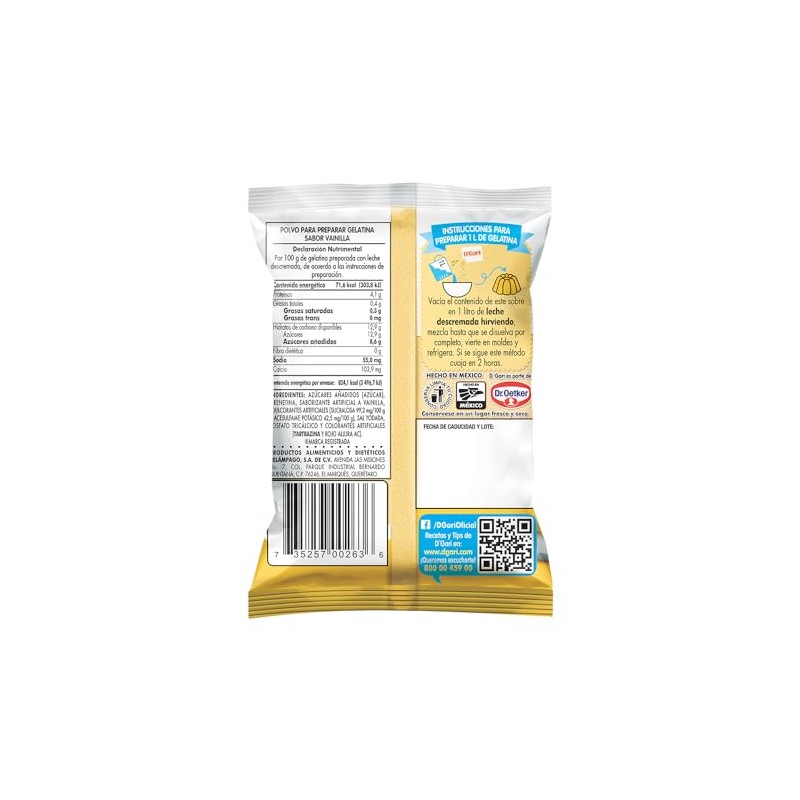 DGari Polvo para preparar gelatina con leche sabor vainilla 120