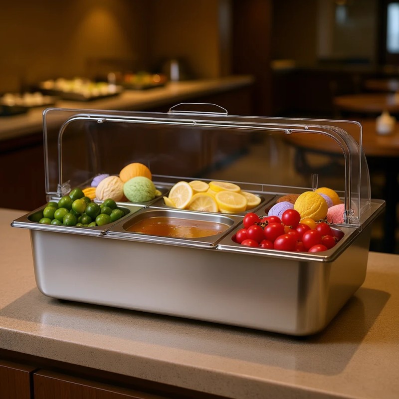Stainless Steel 6 Pan Countertop Food Serving Tray With Clear