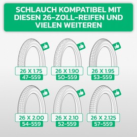 MOOVMOOV Bicycle Inner Tube 26 Inch (Presta Valve) - Suitable for Tyres 26x1.75, 26x1.85, 26x1.90, 26x1.95, 26x2.0, 26x2.10, 26x2.125 (ETRTO 41-559 to 57-559) - Set of 2 - for MTB & E-Bike