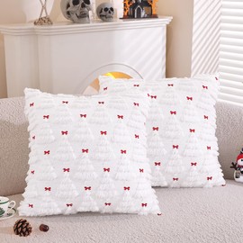 SKXKJian Christmas Tree Throw Pillow Covers 18x18 inch Set of 2 Soft Faux Fur Pillow Covers for Decor Plush Farmhouse Bow Pillow Cases White