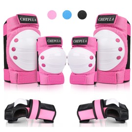 Chepula Protectors for Children and Adults, 6-in-1 Professional Protector Set, Adjustable Knee Pads, Elbow Pads, Wrist Guards, Protective Gear for Skateboard, Skating, Scooters, Inline Skates, pink, s