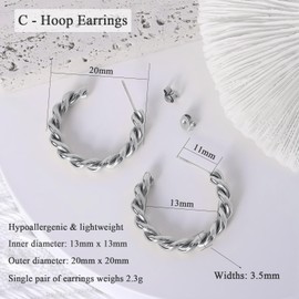 Loutade Silver Hoop Earrings for Women, 925 Sterling Silver Open Hoops Earrings, Hypoallergenic Lightweight Trendy Twisted Silver Chunky Open Hoop Earrings Silver Cuff Stud Earrings for Girls Teens