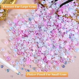 100g Mix Flatback Pearls and Rhinestones for Crafting,Pink Purple White 3-10mm Resin Rhinestones and Half Pearls for Bedazzling, Nail Art Face Makeup Craft DIY, Tweezer and Pickup Pencil