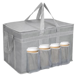 XXX-Large Insulated Collapsible Cooler Bags with Zipper Closure,Reusable Grocery Shopping Bags Keep Food Hot or Cold (with Cup Holder（Grey）)