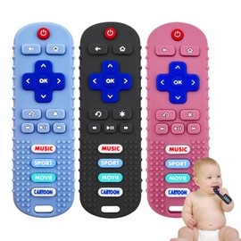 MACLUD 3 Pack Remote Control Shape Silicone Teethers for Babies Chew Toys, Teething Toys for Infant Toddlers,Baby Remote Control Toy (Black&Blue&Pink)