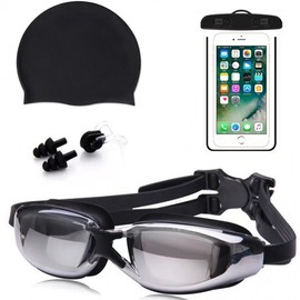 Adult Swimming Goggles and Cap Set High-Definition Anti-Fog Electroplated Black 4-Piece Set [Fabric Cap] 3ea