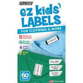 Ez Kids Clothing Labels Self-Stick No-Iron Write-On | Great for Children & Adults | Washer & Dryer Safe | School, Camp, Nursing Care, Toys, Organizing, All Purpose (60-Pack)