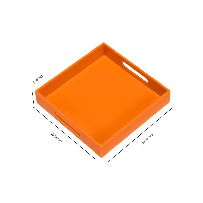 KEVLANG Orange Sturdy Acrylic Serving Tray with Handles-10x10Inch-Serving Coffee,Food,Breakfast,Butler-Kitchen Countertop