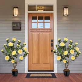 Lunalazeo Artificial Camellia Tree for Indoor and Outdoor, Faux Flower Tree Plant in Pot Fake Topiaries for Home Front Porch Decor (2, Yellow)