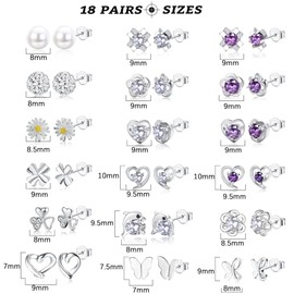 YADOCA 18 Pairs 925 Sterling Silver Stud Earrings Set for Women Girls Cubic Zirconia Studs Pearl Crystal Round Heart Shape Flower Butterfly Small Cartilage Stud Earrings Jewelry