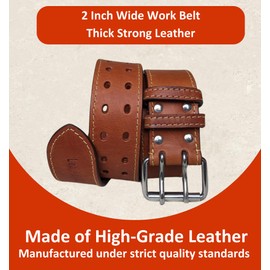 Leatherow 2 Inch Wide Leather Tool Belt for Men Work | Oil Tanned Adjustable Waist Grain Leather Belt for Carpenters, Electricians, and Contractors (Tan, 30"-46")
