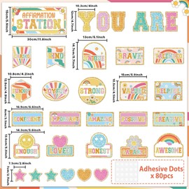 Hippie Affirmation Station Bulletin Board Set Groovy Bulletin Board for Classroom Decor Rainbow Mental Health Posters Positive Affirmations Accents Cutouts for Teachers School Chart Wall Supplies