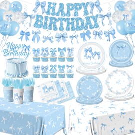 Blue Bow Birthday Party Supplies Serve 24,Coquette Birthday Decorations Blue Bow Party Plate,Napkin,Banner,Cup for Girls Women Bridal Engagement,Baby Shower Decorations