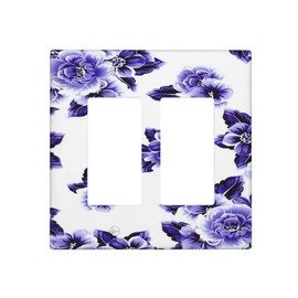 Purple Blue White Flower Double Rocker Light Switch Cover 2 Set Decora Wall Plate Decorative Switch Plate Electrical GFCI Farmhouse Panel for Farm Bathroom Home Decor