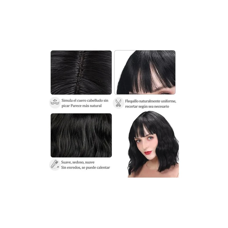 Pelucas Para Mujer Ondulada Corto Pelo Negra Cabello Natural