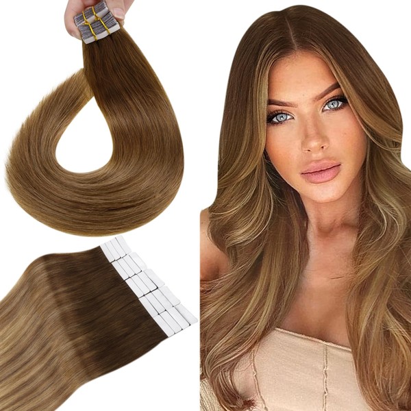 Hetto Remy Real Hair Tape-In Extensions, Ombre Medium Brown to Light Brown and Darkest Blonde No. 6/8/14, 50 cm, 50 g